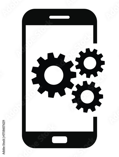 Mobile settings and system icon featuring three cogwheels (gears) partially displayed on or next to a simple smartphone outline. Represents app development, optimization, device configuration, technic