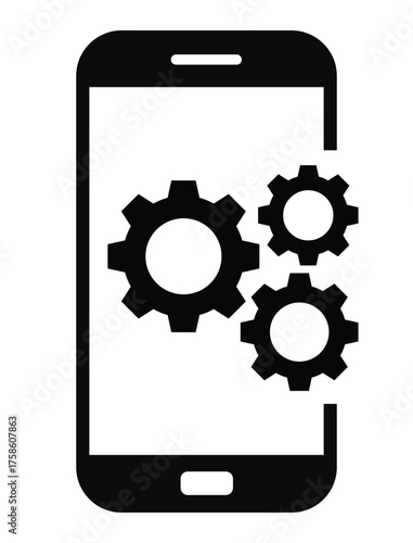 Mobile settings and system icon featuring three cogwheels (gears) partially displayed on or next to a simple smartphone outline. Represents app development, optimization, device configuration, technic