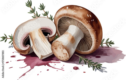 This artistic illustration showcases two plump portobello mushrooms, one whole and one sliced to reveal its intricate gills, alongside sprigs of fresh thyme.