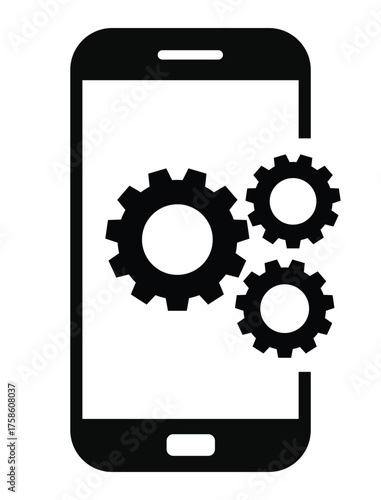 Mobile settings and system icon featuring three cogwheels (gears) partially displayed on or next to a simple smartphone outline. Represents app development, optimization, device configuration, technic