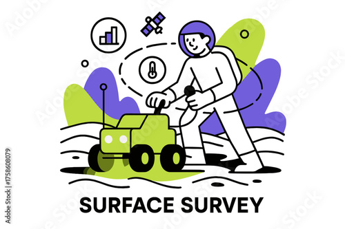 Venus Rover Control. Venus exploration. Character controlling glowing rover on abstract Venus surface,