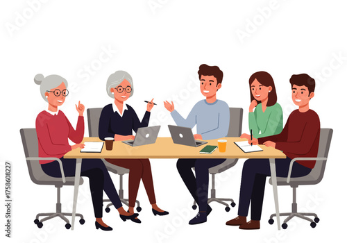 A diverse group of colleagues are gathered around a table in a meeting, discussing ideas and collaborating on laptops.