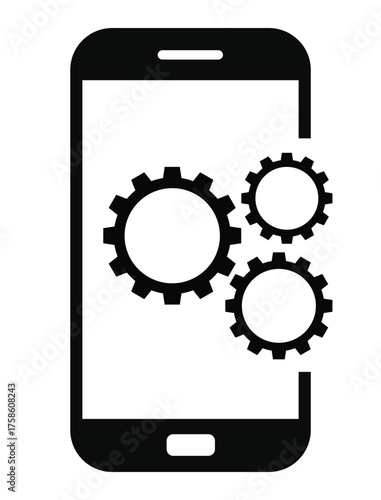 Mobile settings and system icon featuring three cogwheels (gears) partially displayed on or next to a simple smartphone outline. Represents app development, optimization, device configuration, technic