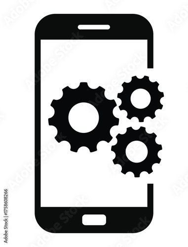 Mobile settings and system icon featuring three cogwheels (gears) partially displayed on or next to a simple smartphone outline. Represents app development, optimization, device configuration, technic