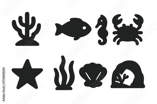 Coral Reefs Icons. Coral reefs. Filled icon set of Coral reefs: coral, fish, seahorse, crab, starfish, seaweed