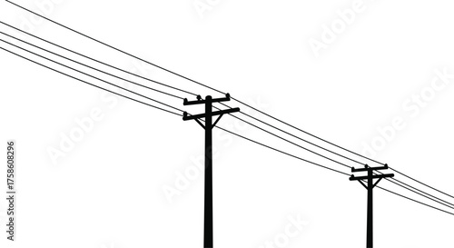 Silhouette vector illustration of electric power poles with transmission wires, minimal black and white energy infrastructure design, electricity distribution and technology connection concept