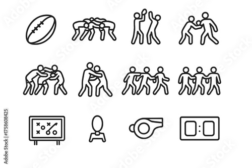 Rugby Icon Set. Rugby teamwork. Line outline icon set of Rugby teamwork: rugby ball, scrum formation, lineout