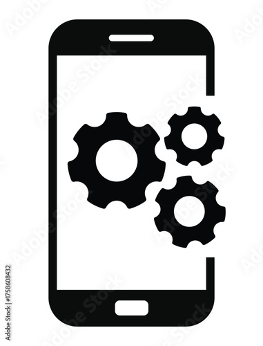 Mobile settings and system icon featuring three cogwheels (gears) partially displayed on or next to a simple smartphone outline. Represents app development, optimization, device configuration, technic