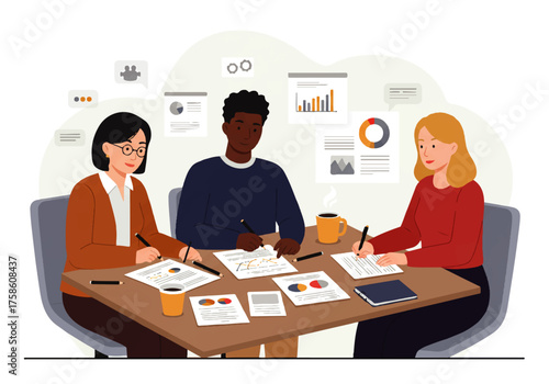 Three diverse colleagues are collaborating on a project at a table, reviewing documents and charts together in a meeting.
