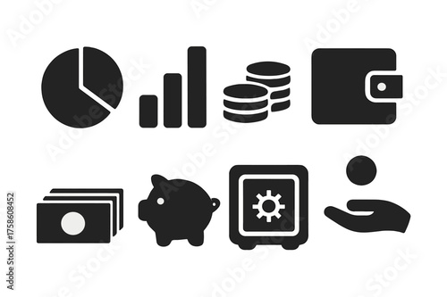Wealth Distribution Icons. Wealth distribution. Filled icon set of Wealth distribution: pie chart, bar chart,