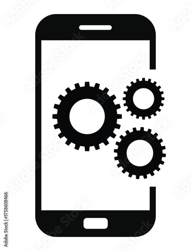 Mobile settings and system icon featuring three cogwheels (gears) partially displayed on or next to a simple smartphone outline. Represents app development, optimization, device configuration, technic