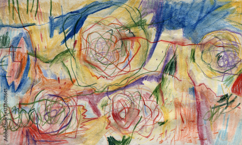 Hand drawn floral garden artwork in watercolor and colored pencil, expressive abstract composition with flowers and nature shapes, high-resolution scan for print and web design