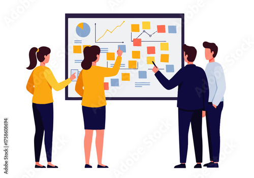 Four colleagues collaborate on a project, using sticky notes and charts on a whiteboard to brainstorm and plan strategy.