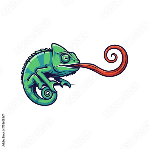 Vibrant green chameleon with a long, curled red tongue in a cartoon style illustration on a white background.