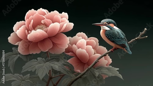 Kingfisher Perched on Branch Amidst Blooming Peonies, Chinese Painting Style