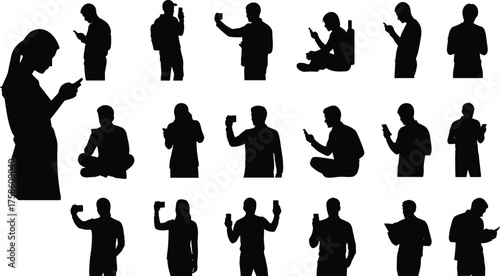 Silhouette people using smartphones, standing, sitting, cross legged, chair posture, mobile addiction, digital lifestyle, technology habit, cad drawing flat vector illustration