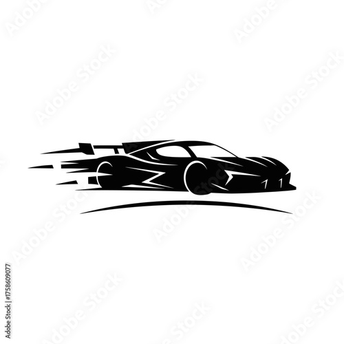 A sleek, black sports car depicted in a dynamic, stylized silhouette, conveying speed and motion with abstract lines trailing behind it.