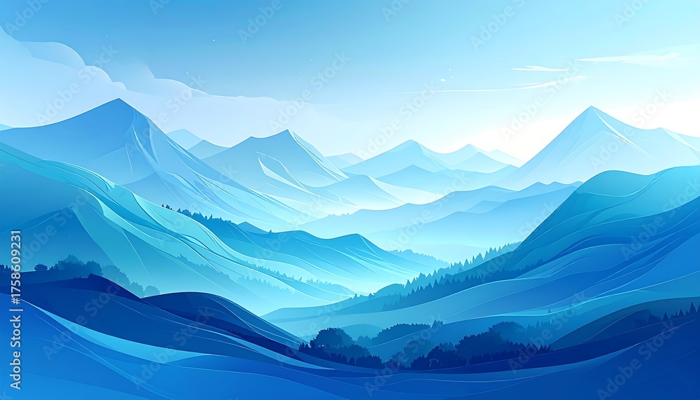 Fototapeta premium A serene landscape depicting blue mountains fading into the distance under a bright sky, with gentle gradients and stylized trees