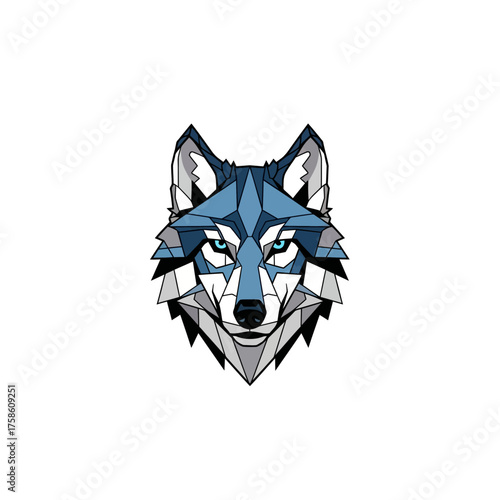 Geometric blue and grey wolf head illustration with sharp angles and intense blue eyes, rendered in a modern polygonal style.