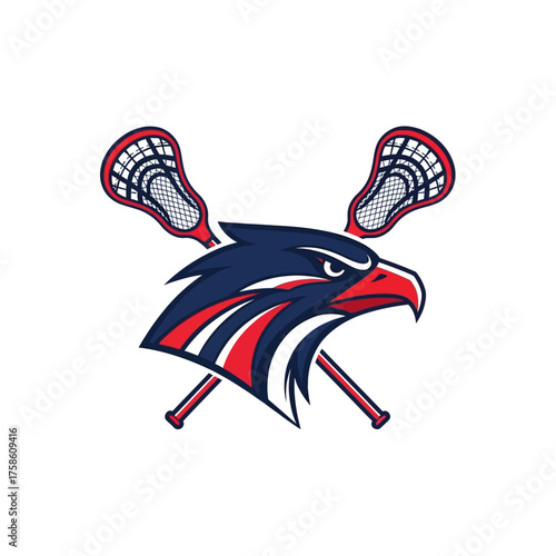 Eagle head logo with crossed lacrosse sticks in the background.