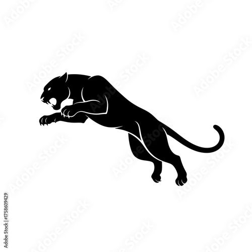 Dynamic black panther silhouette leaping with open mouth and extended claws, showcasing power and agility in a striking graphic.