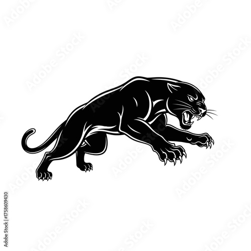 Black panther leaping with open mouth, showing teeth and claws, isolated on white background.
