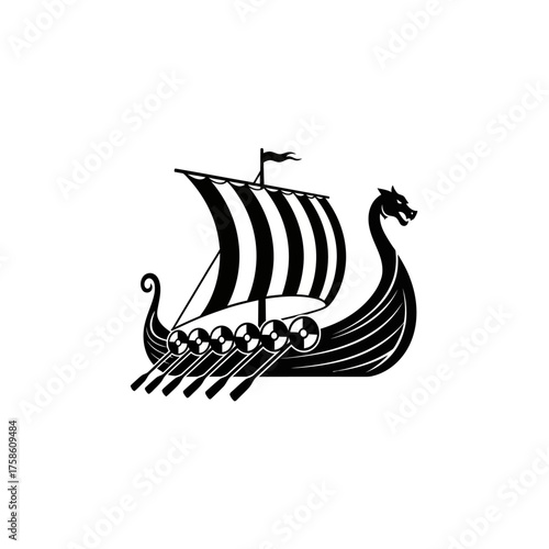 Black and white illustration of a Viking ship with oars and a dragon head.