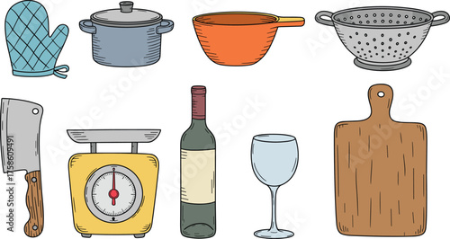 Kitchen utensils illustration with cooking pot, wooden cutting board, bowl, colander, and oven mitt on clean white background, cooking concept