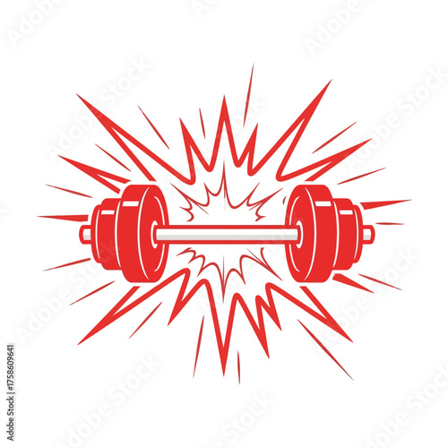 Red barbell with exploding starburst behind it, fitness and exercise concept.
