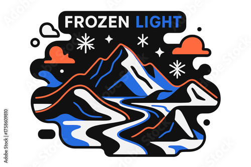 Neon Icy Landscape. Neon lights in nature. Abstract icy landscape glowing with neon edges, snowflakes