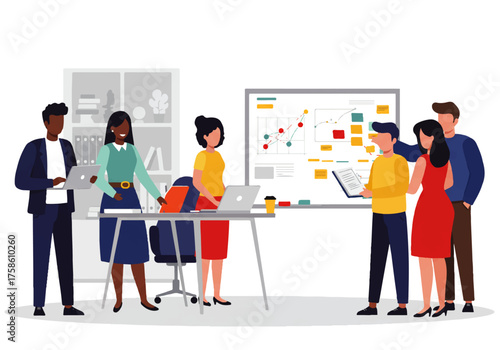 A diverse team of professionals collaborates in a modern office, reviewing data on a whiteboard and working on laptops at a desk.