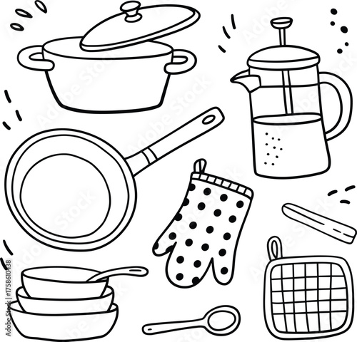 Black and white line drawing of kitchen utensils with cooking pot, frying pan, bowls, coffee press, and oven mitt illustration