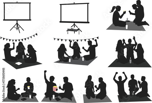 Outdoor Movie Night Silhouettes Vector Set of People Watching Screen, Sitting on Blankets, Cheering, and Enjoying Social Gatherings