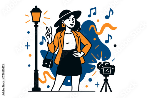 Neon Fashion Vibes. Night Out. A fashion blogger poses under glowing streetlights, camera flash sparkling.