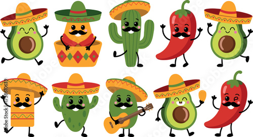 This vibrant image features a collection of cute, anthropomorphic food and plant characters, primarily avocados, chili peppers, and a cactus, all adorned with traditional Mexican sombreros and mustach