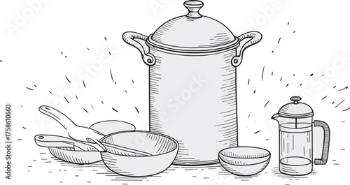 Black and white line drawing of kitchen utensils with cooking pot, frying pan, bowls, coffee press, and oven mitt illustration