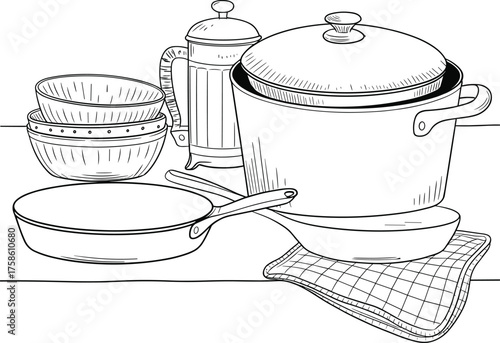 Black and white line drawing of kitchen utensils with cooking pot, frying pan, bowls, coffee press, and oven mitt illustration