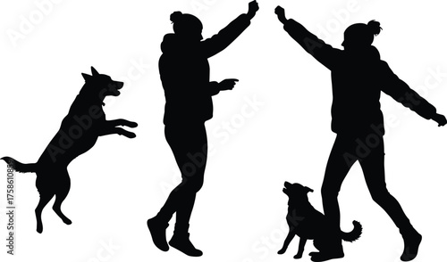 Dog owner training playful dog jumping to catch treat, trainer raising hand giving command, seated dog attentive, human canine bond, outdoor pet interaction