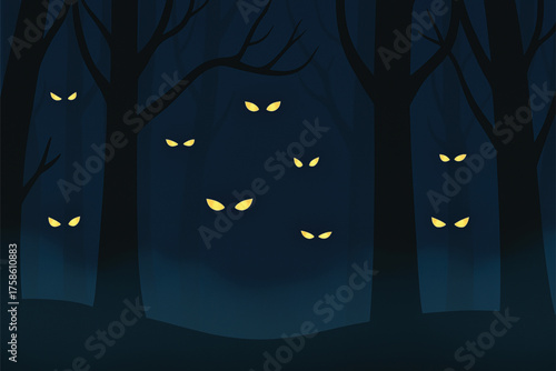Spooky Dark Forest Halloween Background with Glowing Eyes Vector