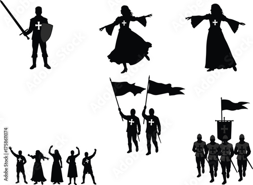 Silhouette of medieval crusader knights and women with crosses, holding flags, shields, and swords, ancient battle warriors vector illustration