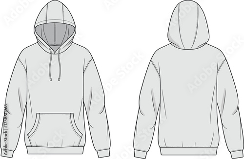 CAD drawing flat vector illustration of hooded sweatshirt, hoodie front and back view, kangaroo pocket, drawstring hood, ribbed cuffs, fashion template