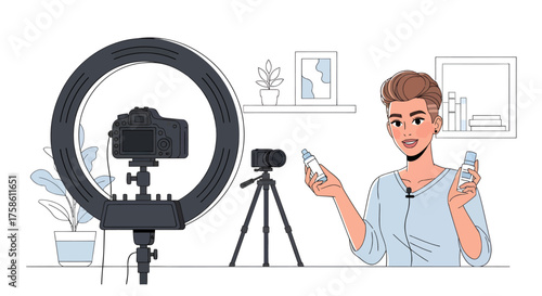 Vector illustration of beauty influencer filming skincare review at home studio with ring light and camera