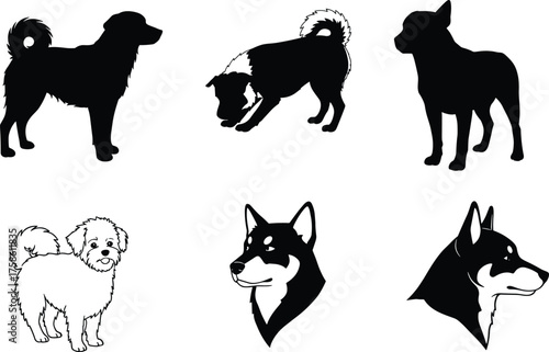 Dog silhouettes and detailed breed illustrations, playful bowing pose, standing and profile husky heads, fluffy small breed, vector set for pet branding