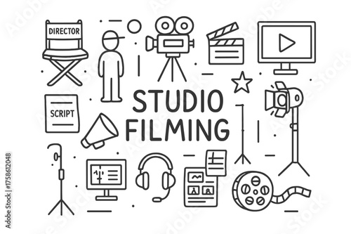 Doodle Studio Setup. Studio Filming. Hand-drawn doodle illustration of Studio Filming. director?s chair,