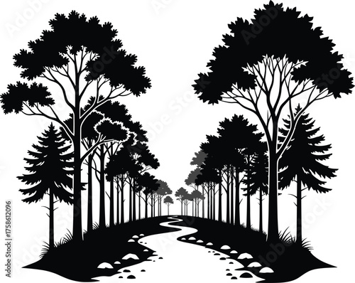 Forest path silhouette, black vector trees, nature landscape, winding trail, peaceful scene, outdoor illustration, tranquil woods, foliage design, depth perspective