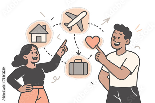 Vision Board Dreams. Future dreams. Two characters pointing at glowing floating vision board icons?house,