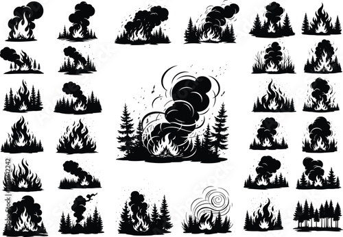 Forest fire silhouette, wildfire illustration, burning trees, smoke vector, disaster scene, environmental damage, nature crisis, black graphic, flame icon, emergency design