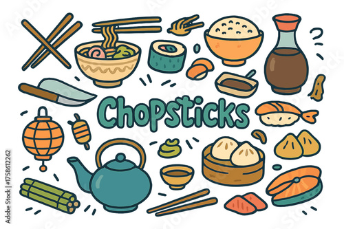 Chopsticks and Cuisine. Chopsticks. Hand-drawn doodle illustration of Chopsticks. Wooden chopsticks, ramen
