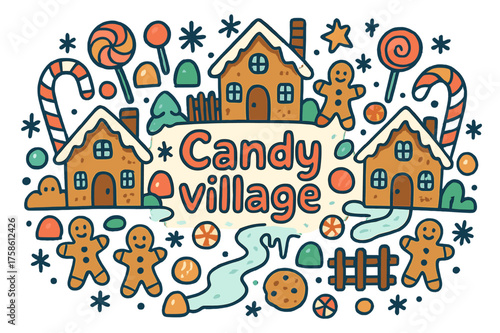 Candyland Doodle Village. Candy village. Hand-drawn doodle illustration of Candy village. Candy cane,