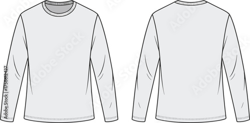CAD drawing flat vector illustration of long sleeve crew neck shirt, front and back view, fashion template, apparel design, garment mockup